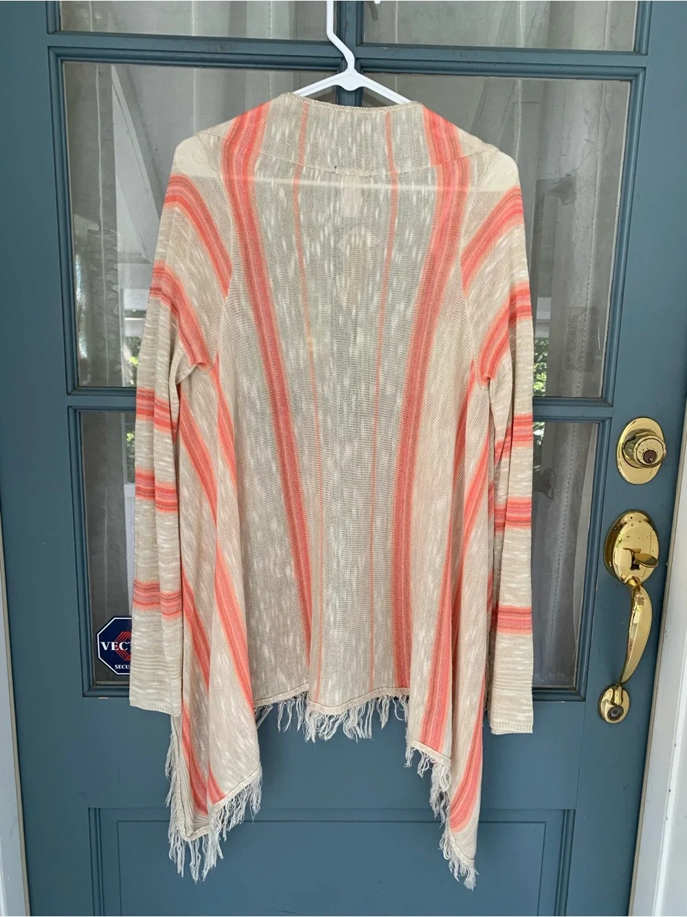 Open-Front Fringe Cardigan Sweater - Coral & Cream